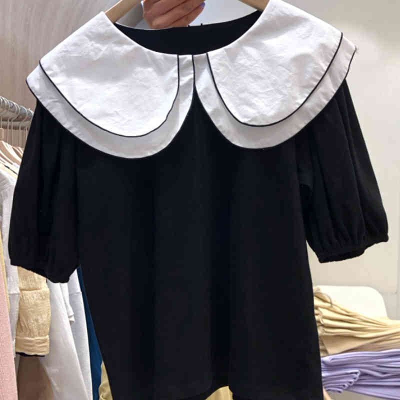 Nomikuma Contrast Color Double Peter Pan Collar Doll Shirt Causal Puff Sleeve Korean Women Tops Summer Sweet Blouse 6H022 210427