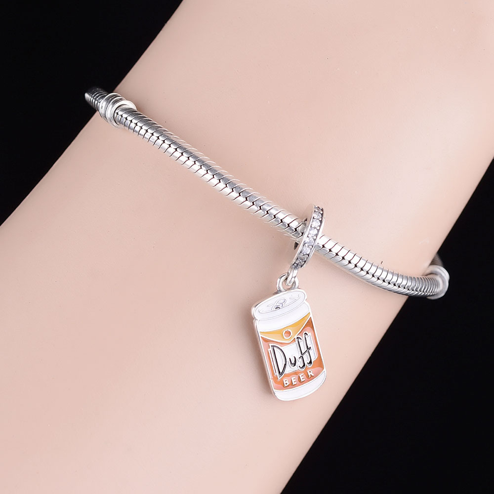 925 Sterling Silver Orange Duff Beer Can Dangle Charm Beads Fit Original PAN Bracelet Necklace For Women Making Pendant Jewelry DIY