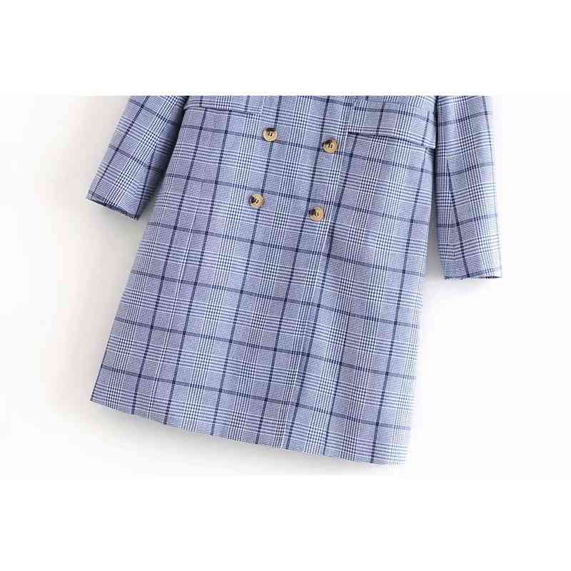 spring autumn Korean blue plaid blazer coat windbreaker double-breasted casual British style long suit jacket for woman 210508