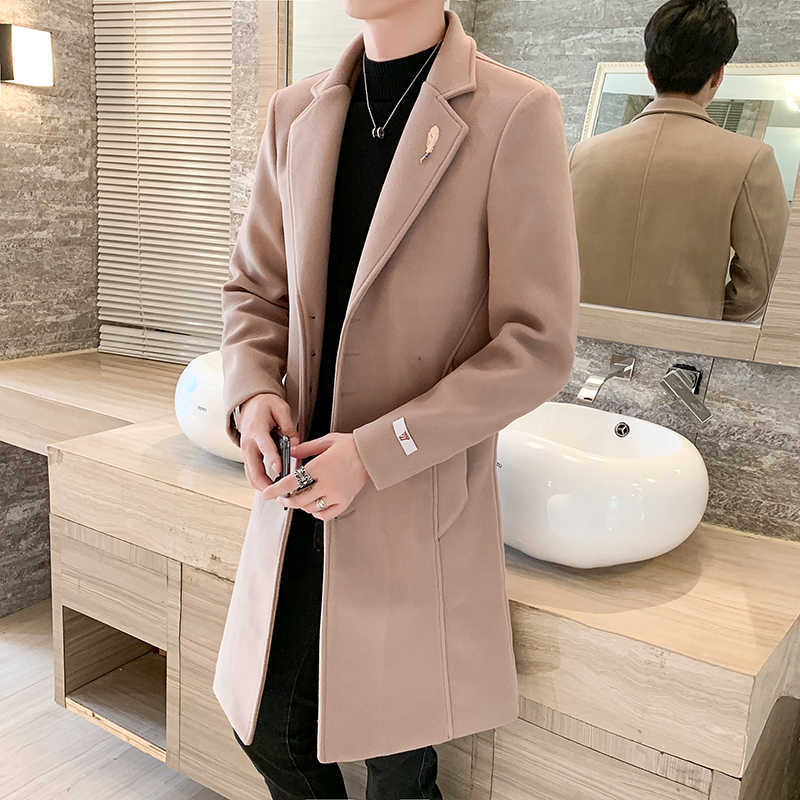 Mens Trench Coat Jacket Winter Wool Blends Coats Casual Men Overcoat Men Long Coat High Quality Business Formal Windbreaker 210527