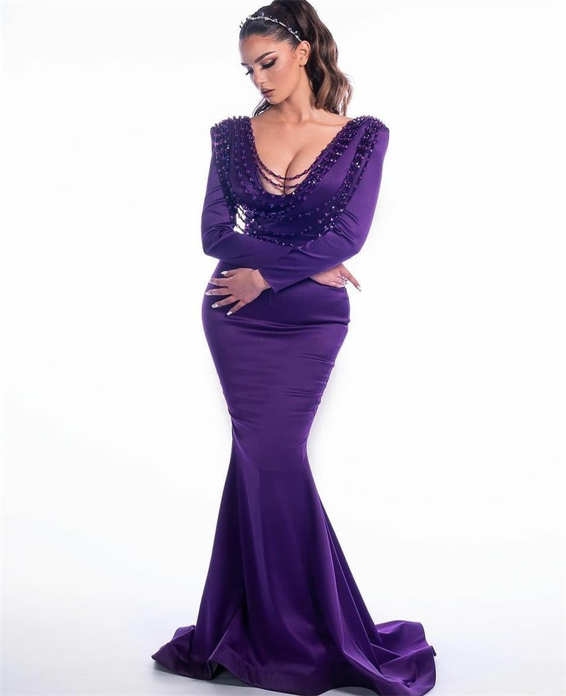 Royal Purple Evening Dresses Glitter Beading Ruched Satin Mermaid Pregnant Prom Dress Long Sleeves V Neck Robe de mariée Party Pageant Gowns