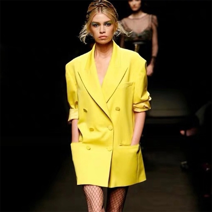 Free High Street Women's Yellow Profile Midi Blaze Elegant Lapel Long Sleeve Double Breasted Blazer Dresses 210524
