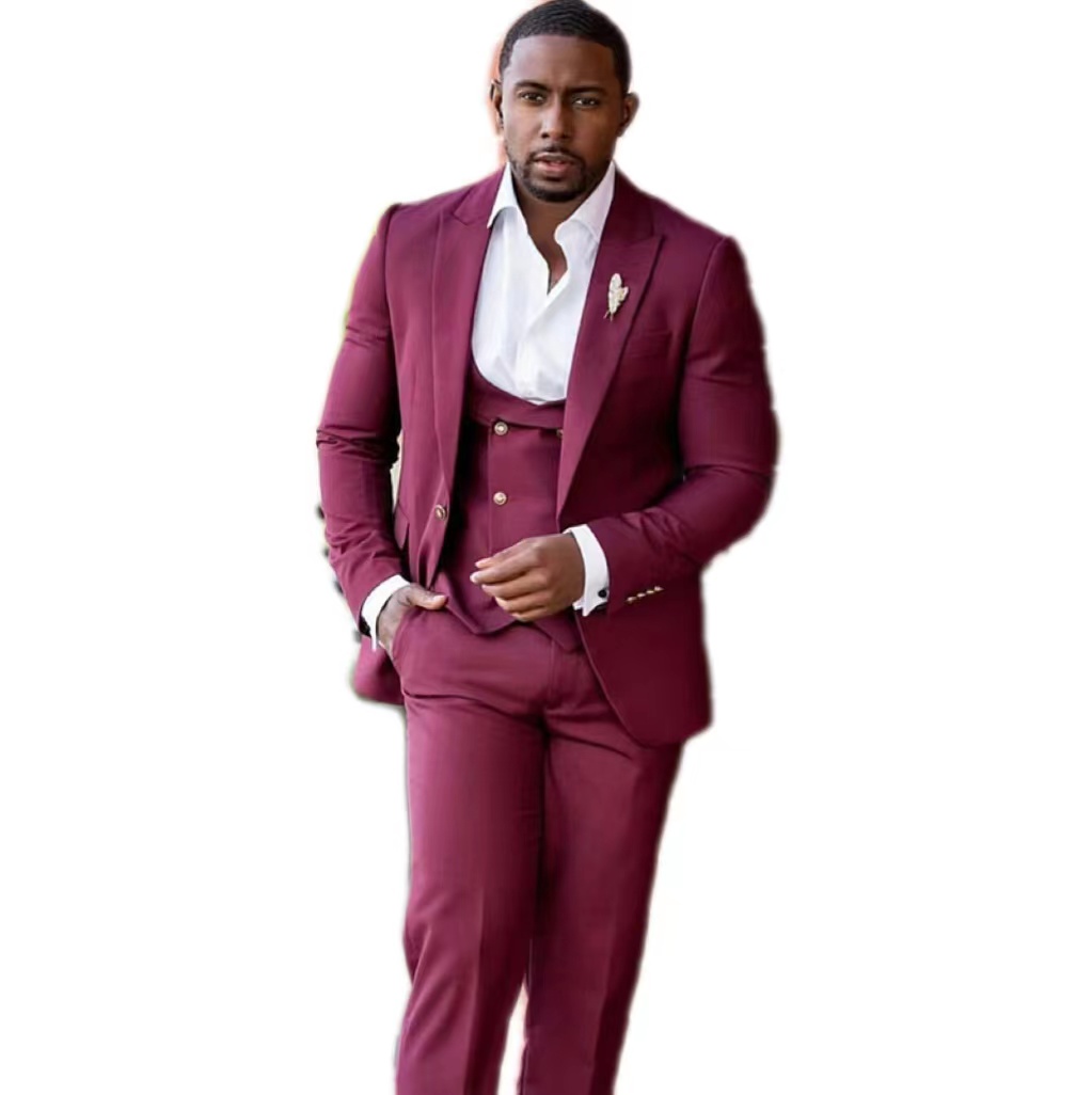 Veralove Red Bussiness Party Suit Peaked Lapel One Button Groom Tuxedos Wedding Suit for Men Set Custom Made(Jacket+Vest+Pants)