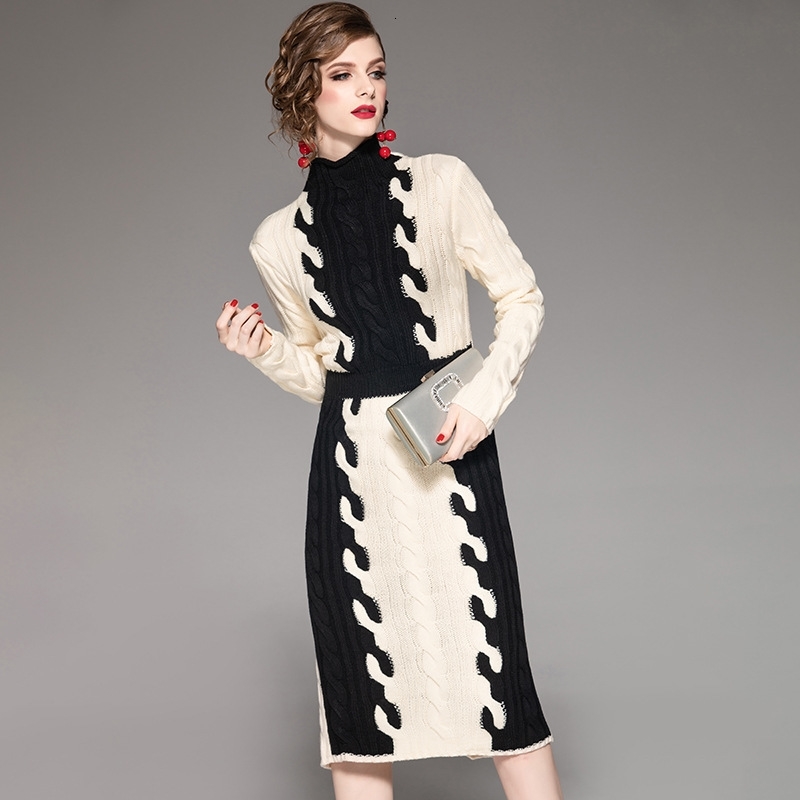 Autumn Winter Woman Dress Ivory Black Patchwork Knitted Dress Turtleneck Full Sleeve Knee Length Fashion Vintage Slim Dress 210515