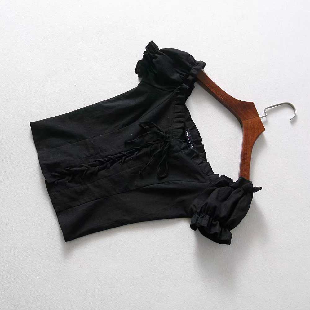 Kawaii Korean Style Summer T Shirt Women Square Neck Mesh Top Lace Up Ruffle Tshirt White Elegant Sexy Boho Streetwear UW8 210603