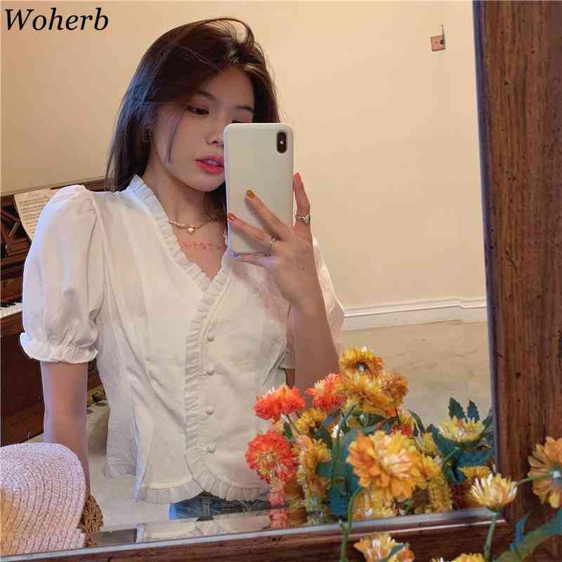 Summer Korean Vintage Chiffon Crop Tops Blouses Women Floral Print Puff Sleeve V-neck Sshirt Chic Ladies Blusas 210519