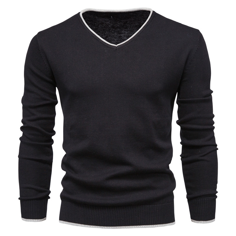 Men Autumn Sweater V-neck Pullovers Fashion 100% Cotton Solid Color Long Sleeve Slim Sweaters Navy Knitwear 211008