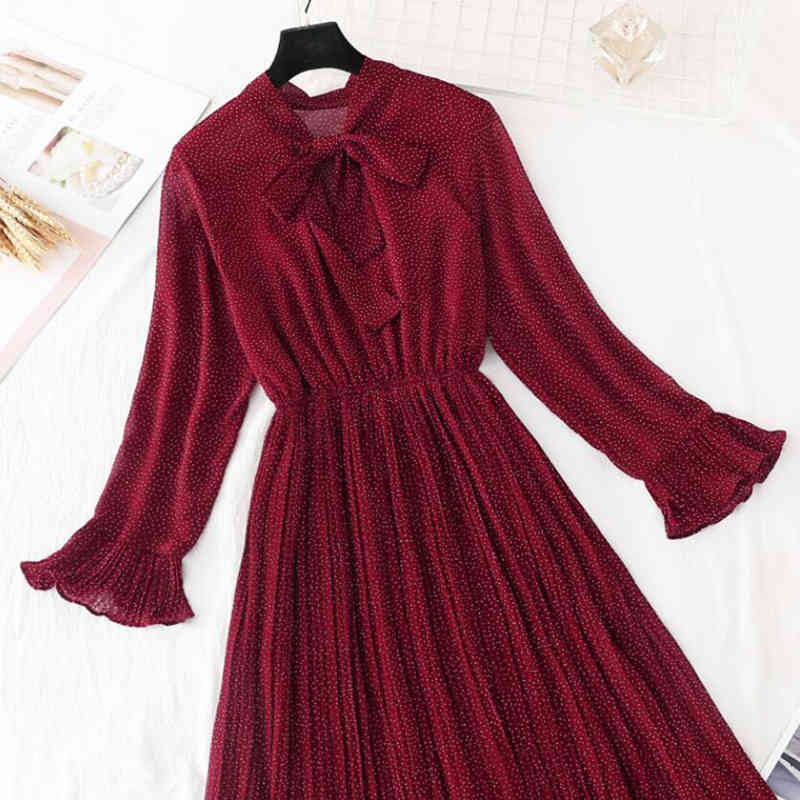 Spring Summer Chiffon Dress Casual Flare Sleeve Vintage Print Pleated Midi Dress Elegant Party Dress Elastic Waist Vestidos 210521