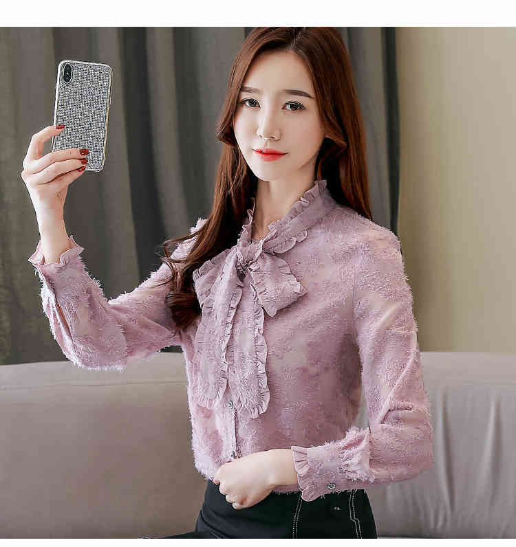 womens tops and blouses blusas mujer de moda ladies long sleeve bow Lace-up jacquard shirt chemisier femme 6760 50 210427