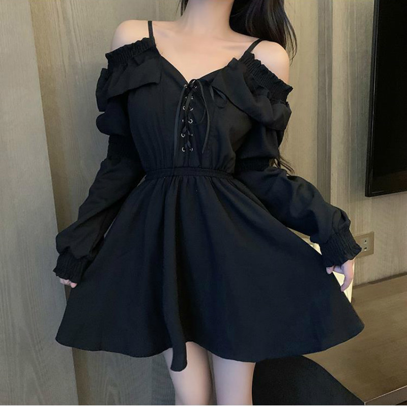 Gothic Black Dress Women Casual Button Lace Evening Party Sexy Mini Dress Female Long Sleeve Dress Korean Autumn 210521