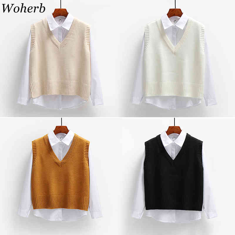 Sweater Vest Women Korean Fashion Knitted Pullovers Tops Preppy Style Short Loose Knitwear Tank Coat Female 210519