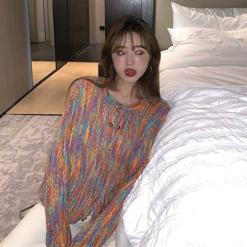 Yedinas Rainbow Sweater Cardigans Casual Chic Colorful Women Cardigan Autumn Winter Button Up Knitted Sweaters Korean Fashion 210527
