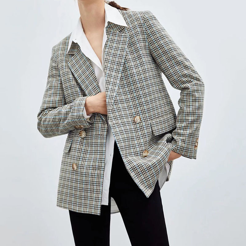Women Elegant Green Plaid Blazer Long Sleeve Double Breasted Slim Check Coat Office Work Lattice Suit Jacket Outerwear 210520