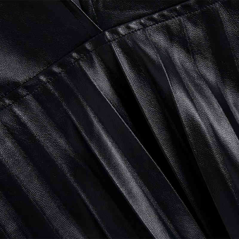 Vintage Woman Leather V Neck Spaghetti Strap Dress Spring Autumn Fashion Ladies Draped es Female Cool A-Line 210515