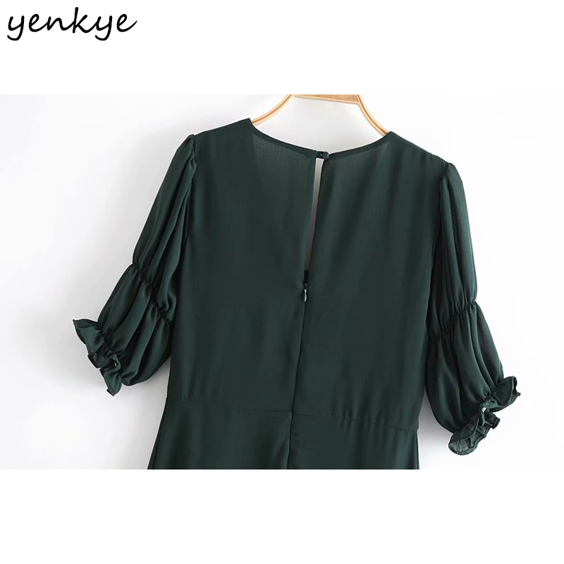 YENKYE Chiffon Summer Dress Women Sexy Hem Slits Vintage Dark Green Vestido Female Short Sleeve V Neck High Waist A-line Dress 210515