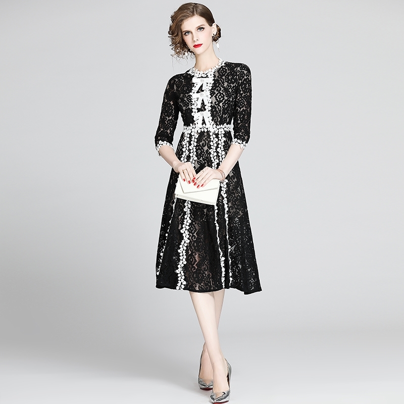 Elegant Black Lace Dress Women Spring Half Sleeve Long es Bow Diamond Patchwork Summer Vestidos 210520