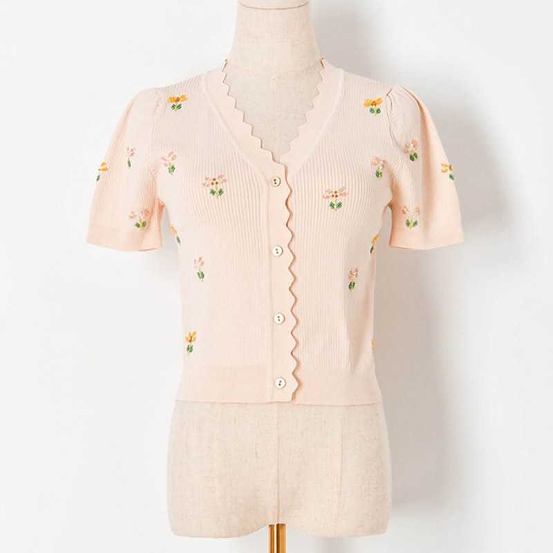 Beading Flower Wave Cardigan Women Summer V-neck Short Sleeve Knit Blouses for Woman Elegant Fresh All-match Female Tops 210525