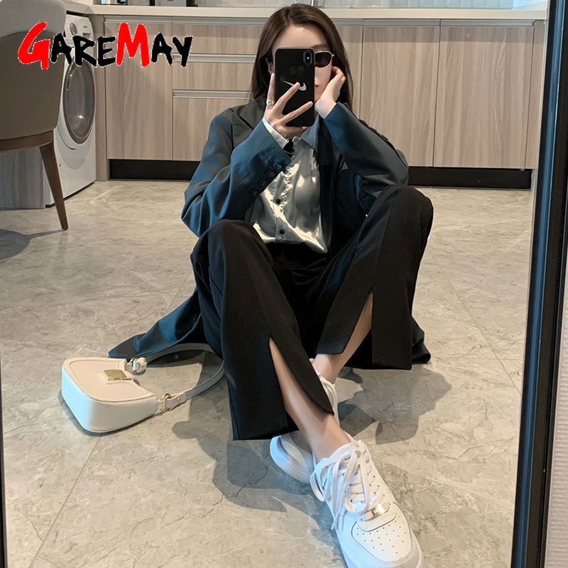 Split Hem Pants for Women Black High Waist Casual Long Slim Streetstyle Korean Wide Leg Office Formal Stacked 210428