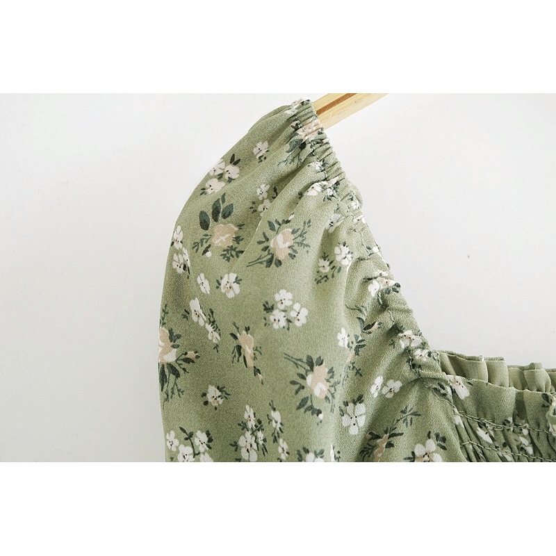 Vintage French Style Elastic Ruched Body Floral Print Women Dress Ruffles Square Collar Hem Slit Midi Dresses Beach Holiday 210429