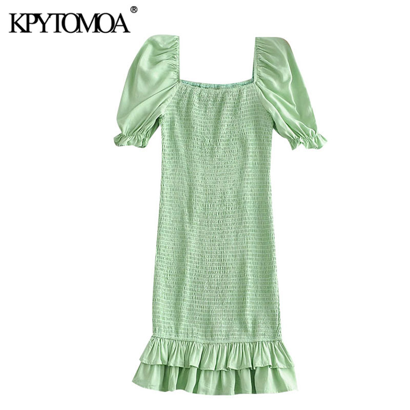 Women Sweet Fashion Elastic Smocked Ruffled Mini Dress Square Collar Puff Sleeves Female Dresses Vestidos 210420