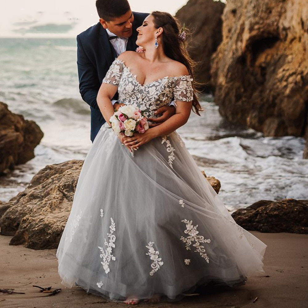 Boho Plus Size Off Shoulder Wedding Dresses A-e Lace Appliques Short Sleeve or Length Elegant Country Beach Long Bridal Gowns Custom Made