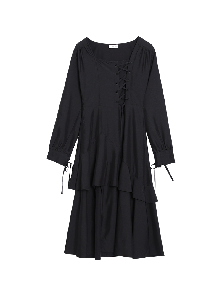 Gothic Dress Women Autumn Elegant Vintage Black Dress Fashion Lace-up Ruffles A-line long sleeve Party Dress Korea Clothing 210521