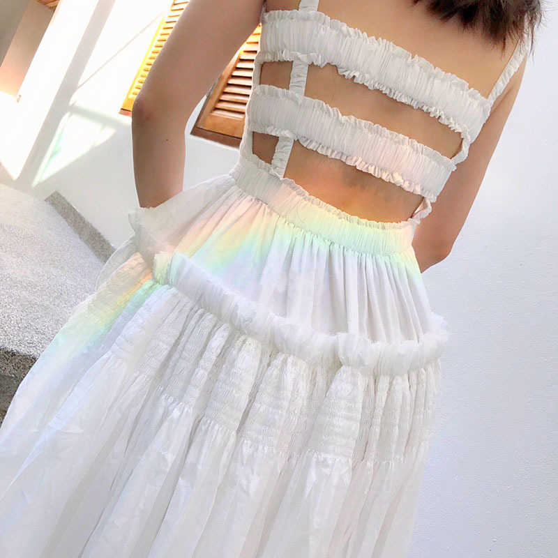 Summer Arrival Quality Sling Backless Vintage Dress Large Pendulum Pleated Ball Gown White Princess Free 210527