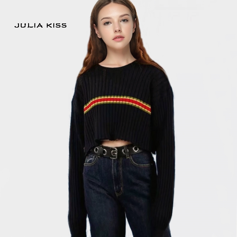 Women Drop Shoulder Block Striped Rib Jumper Loose Pullover Sweaters 210512