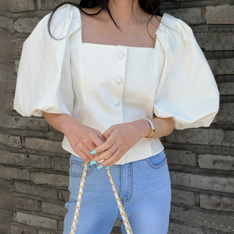 Korejpaa Women Shirt Summer Korean Chic Niche Style Square Collar Single-Breasted Solid Color Lantern Sleeve Short Blouses 210526