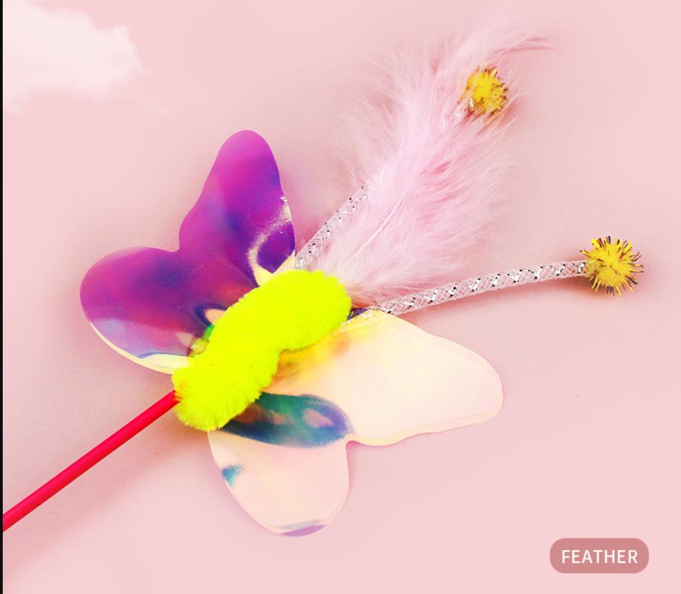Cat Feather Teaser Wand Fun Pet Kitten Kitty Playing Toy Interactive Fishing Pole Stick Catcher Exerciser with Dragoy Butterfly