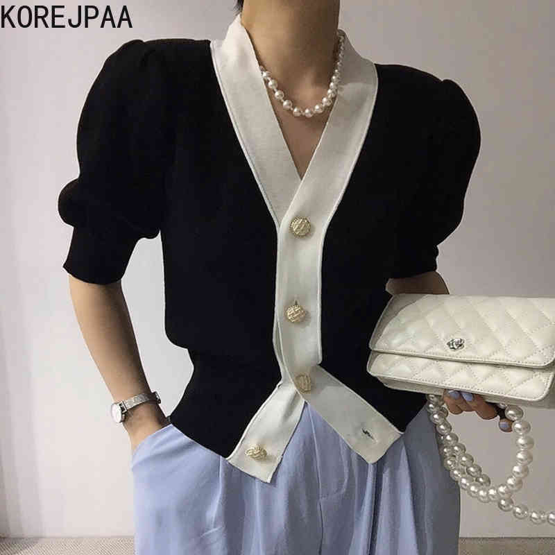 Women Sweater Summer Korean Chic Girl Elegant Temperament V-Neck Single-Breasted Casual Puff Sleeve Knit Cardigans