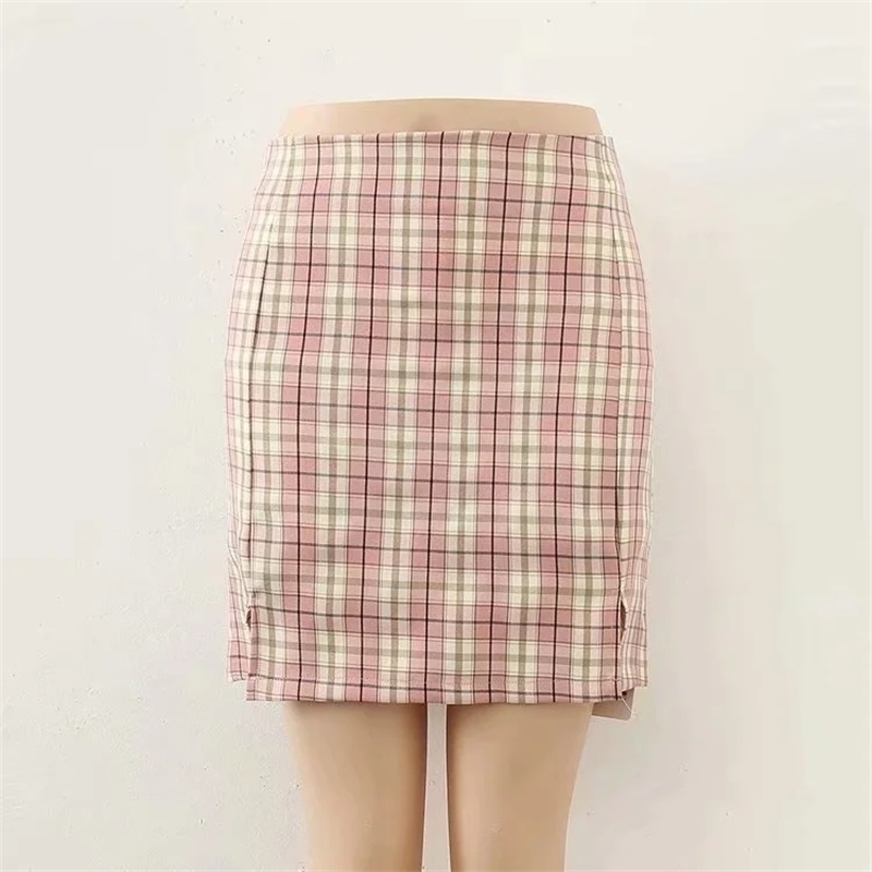 vintage tartan print slit mini skirts womens plaid ladies high waist bodycon sexy purple pencil faldas mujer 210521
