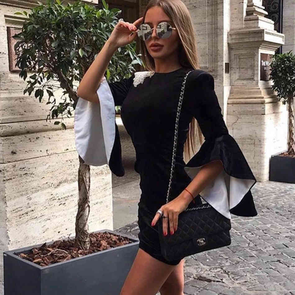 Free Autumn Women's Velvet Dress Black Sexy O-Neck Flare Sleeve Beaded Bodycon Mini Club Party es 210524