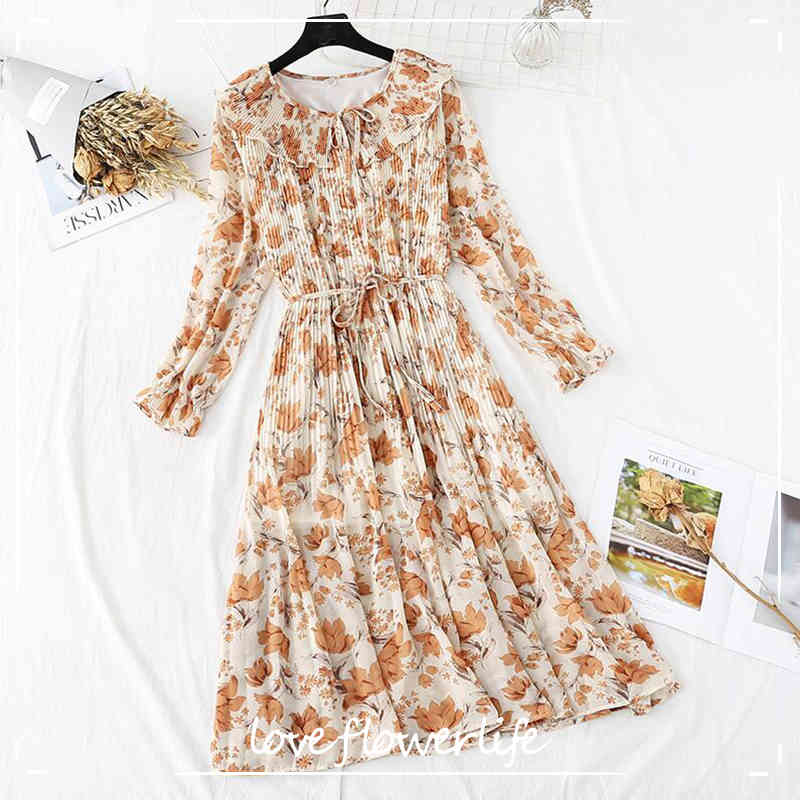 Women Chiffon Dress Spring Autumn Female Vintage Long Sleeve Floral Print Pleated Dress Doll Collar Casual Loose Dresses 210521
Women Chiffon Dress Spring Autumn Female Vintage Long Sleeve Floral Print Pleated Dress Doll Collar Casual Loose Dresses 210521