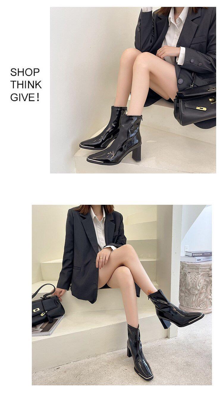 Boots 2021 Autumn And Winter Patent Leather Thick Heel Short Female Rear Zipper Square Toe Korean Style High He