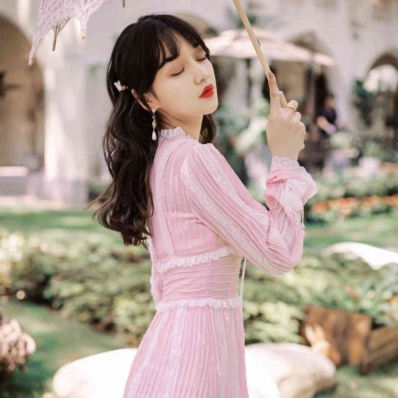 Fashion Autumn Patchwork Pink Women Dress Ladies Flare Sleeve Bow Collar High Waist Layer Cake Ruffles Midi Dress 210515