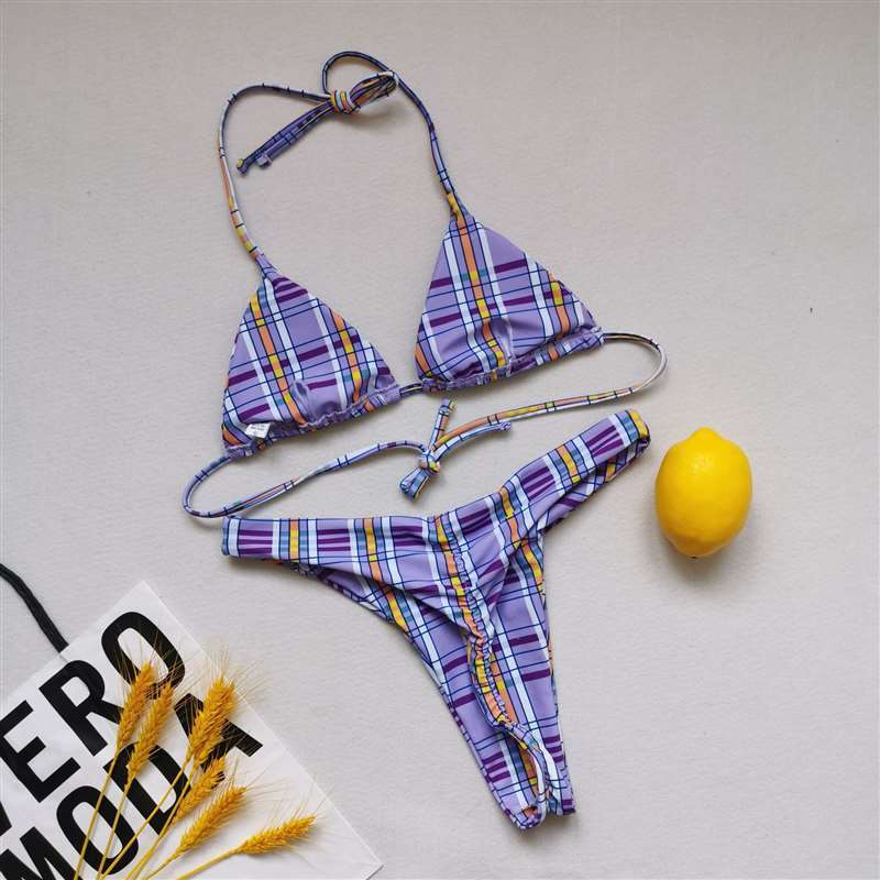 Sexy Women Push Up Bikini Set Purple Swimwear Swimsuit Girl High Cut Bathing Suit Summer Biquini Beach Wear Bikinis Gingham 210520
