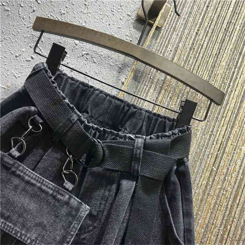 Summer Elastic High Waist with Belt Casual Loose Plus Size 5XL Denim Shorts Women Black Jean Large Pockets Boots Shorts Femme 210611