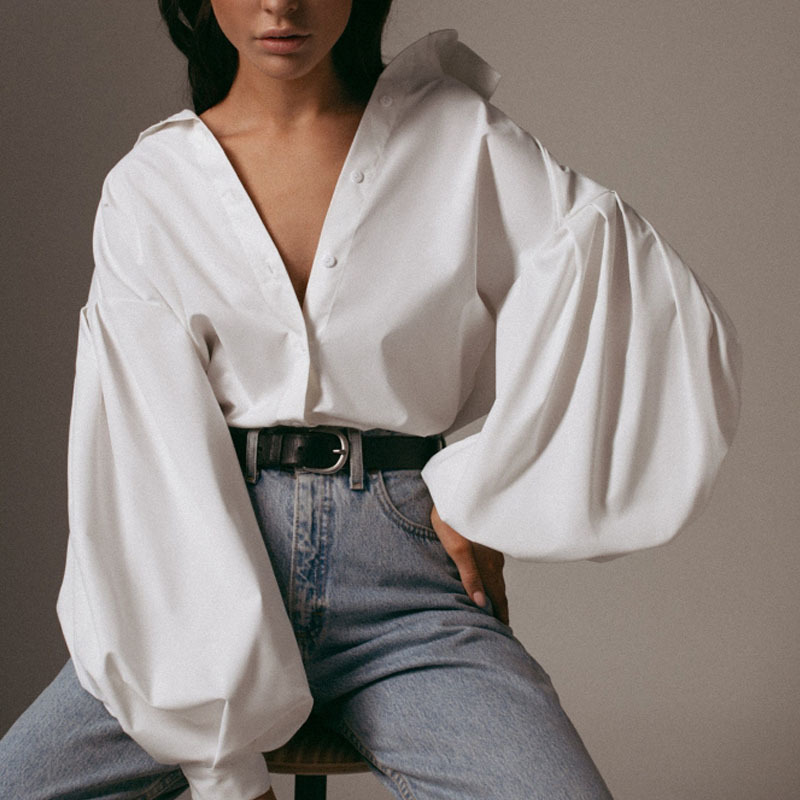 New Lantern Sleeve Elegant Shirt White Black Sexy Button Vintage Blouse Turn Down Collar Office Ladies Shirt Female Casual 10903 210317