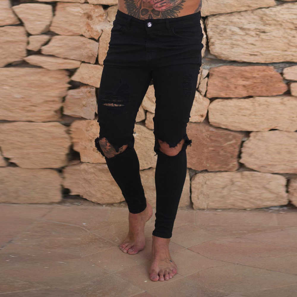 Wihte Men Knee Ripped Holes Skinny Destroyed Jeans Fashion Slim Fit Hip hop Mens Streetwear Cotton High quality Joggers Jeans 211011