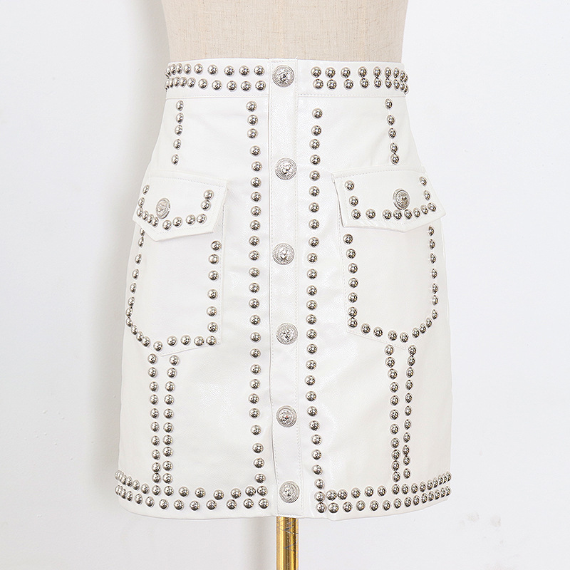 VGH Streetwear Patchwork Button Leather Skirt For Women High Waist Black Punk Style Skirts Female Fashion Clothing Summer 210421