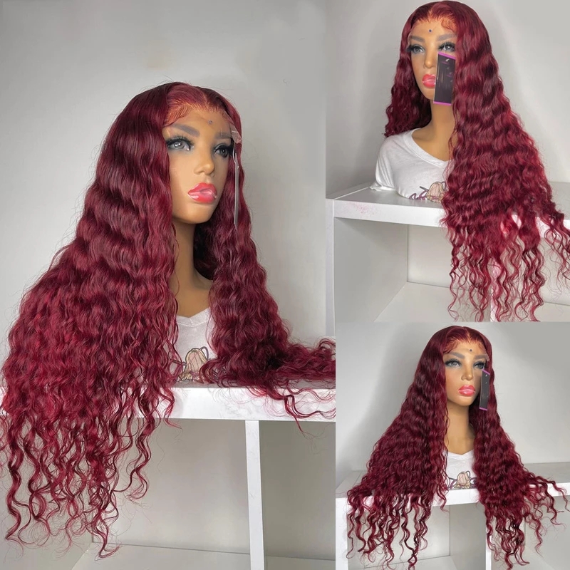 Burgundy #99J Curly Brazilian Hair Lace Frontal Wigs For Women Pre Plucked Deep Wave Wine Red 13x4 Lace Front Wig Synthetic Heat Resistant Brazilian W