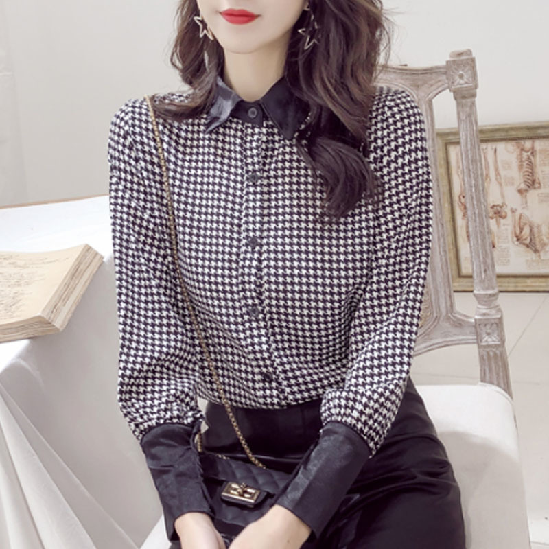 Autumn Fashion Women Blouses Casual Turn-down Neck Tops Long Sleeve Lattice Shirt Office Lady 5705 50 210508