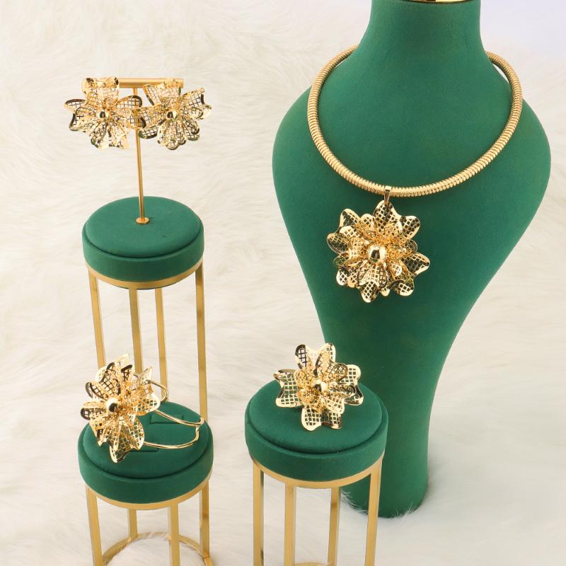 Earrings & Necklace African Gold Color Jewelry Sets For Women And Earing Wedding Costume Gift, As pic