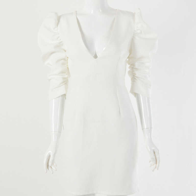 DEAT Women Dress V-Neck Short Puff Sleeve Arrivals Lady Sexy Backless Temperament Fashion Spring Summer 11D1342 210709