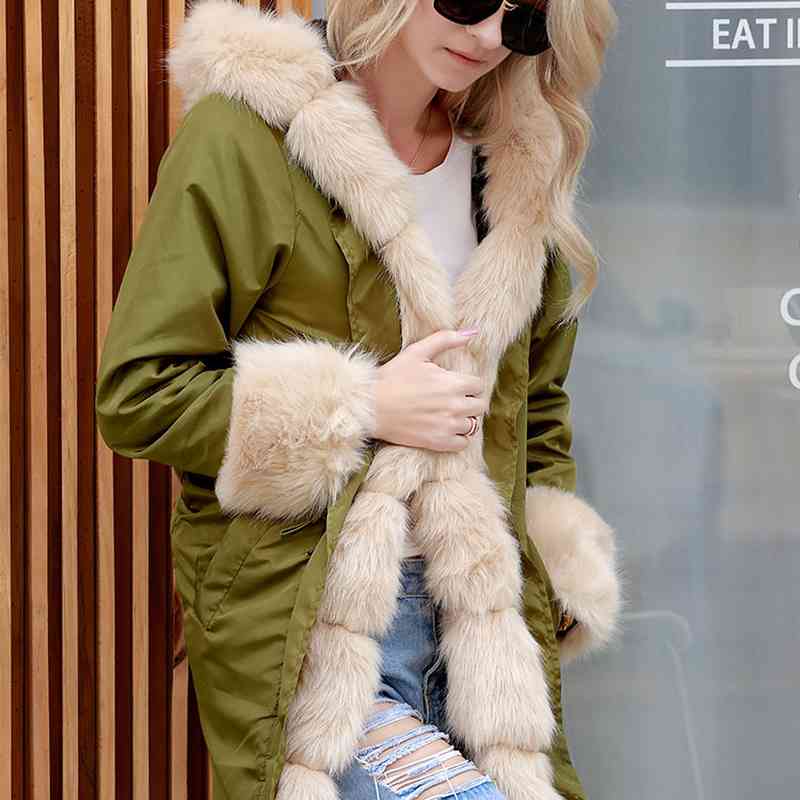 Women's Winter Coats Elegant Drop Hooded Faux Fur Jacket Thick Warm with Cardigan Long Sleeve Women 210428