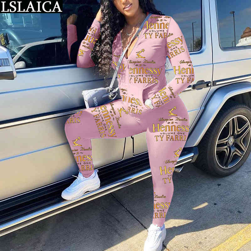 Sets for Women Letter Printing Pocket Zipper 2 Piece Set Elastic Waist Fashion Skinny Fitness Tracksuit Ubrania Damskie 210515