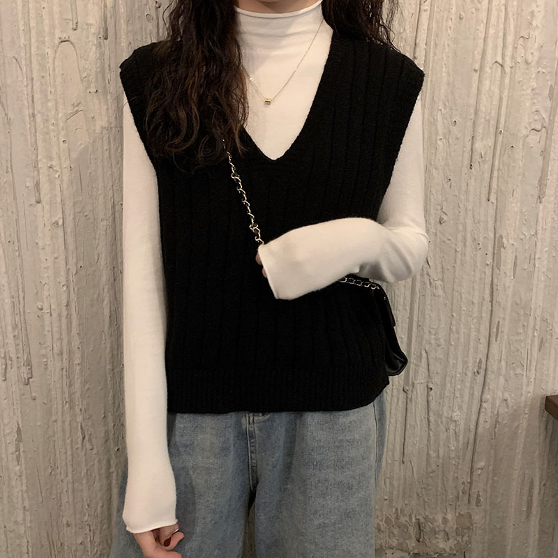 Women Solid Retor Loose V-neck Trick Striped Sweater Vest Autumn Spring Female Knitted Tank Vests with Bottoming Tops 210514