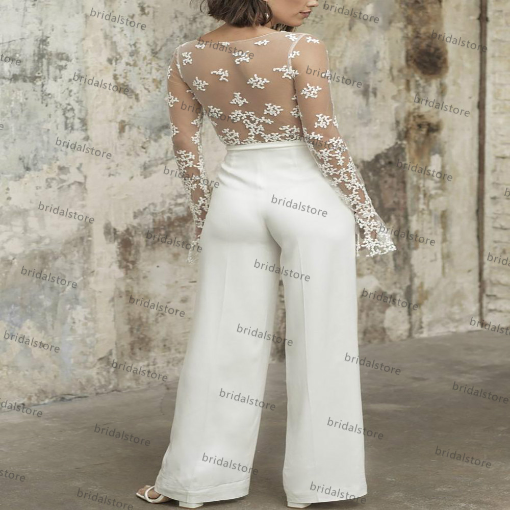 Illusion Lace Back Beach Wedding Dress Jumpsuit Sexy V Neck Long Sleeve Boho Bride Dresses 2021 Chic Satin Trouses Bridal Gown robes de mariage