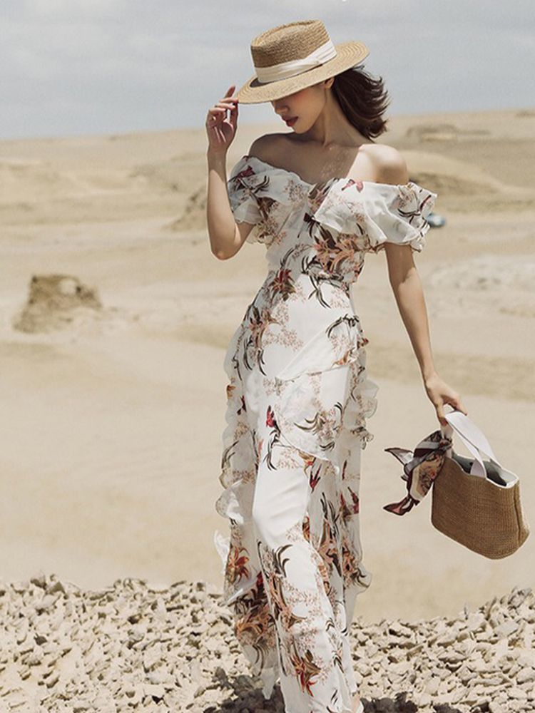 purple ruffles slash neck floral maxi dresses for women holiday resort chic Victorian style vintage roupas femininas rope 210421